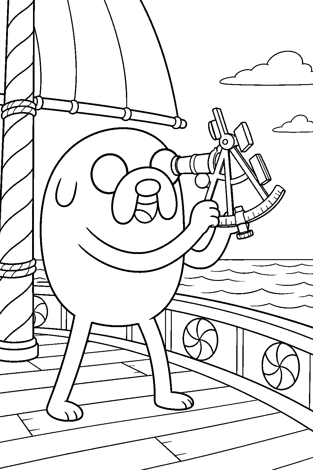 adventure time jake the dog using a sextant on the h m s sugar spit line art