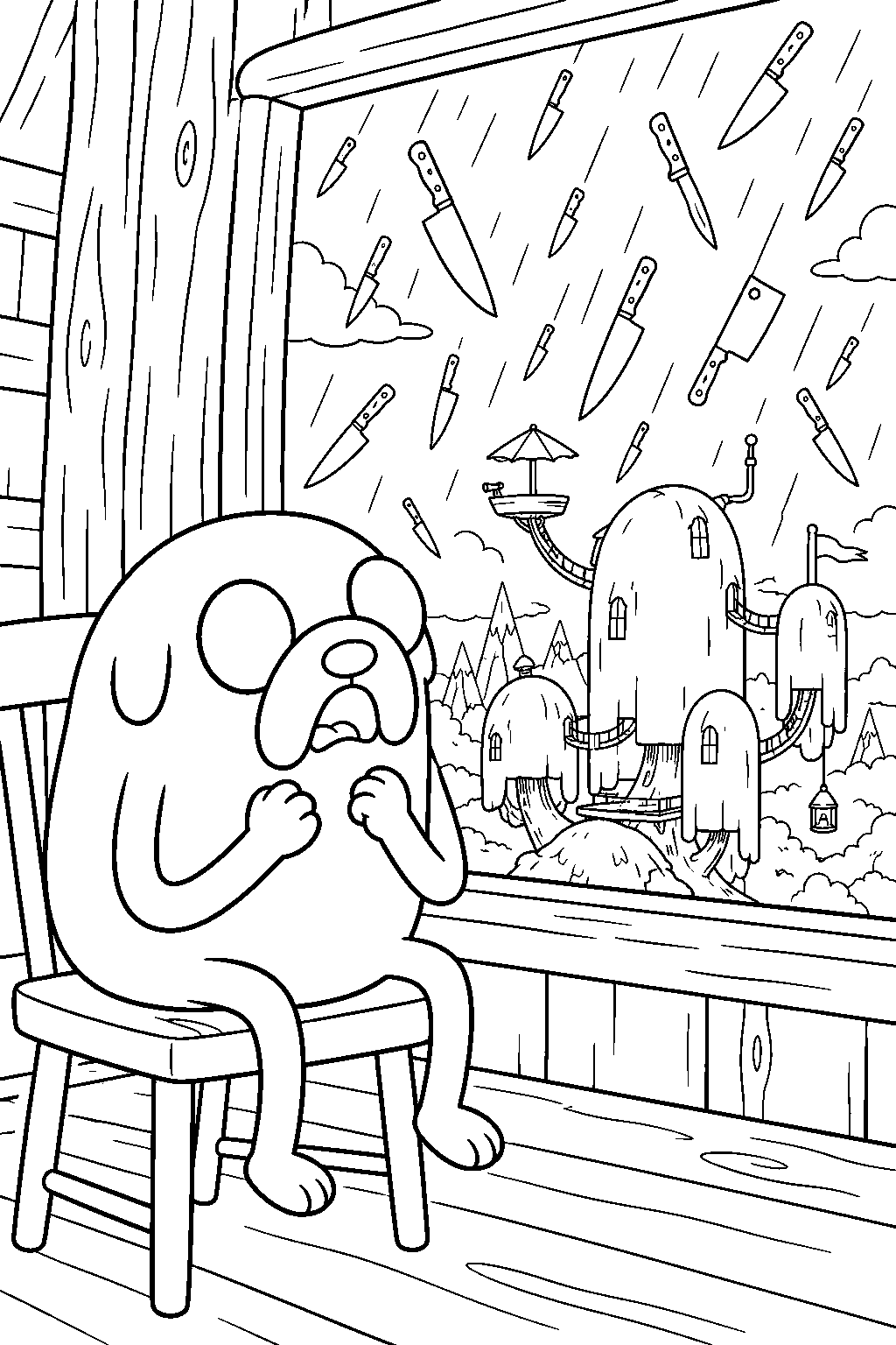 adventure time jake the dog watching a knife storm through the tree fort window line art