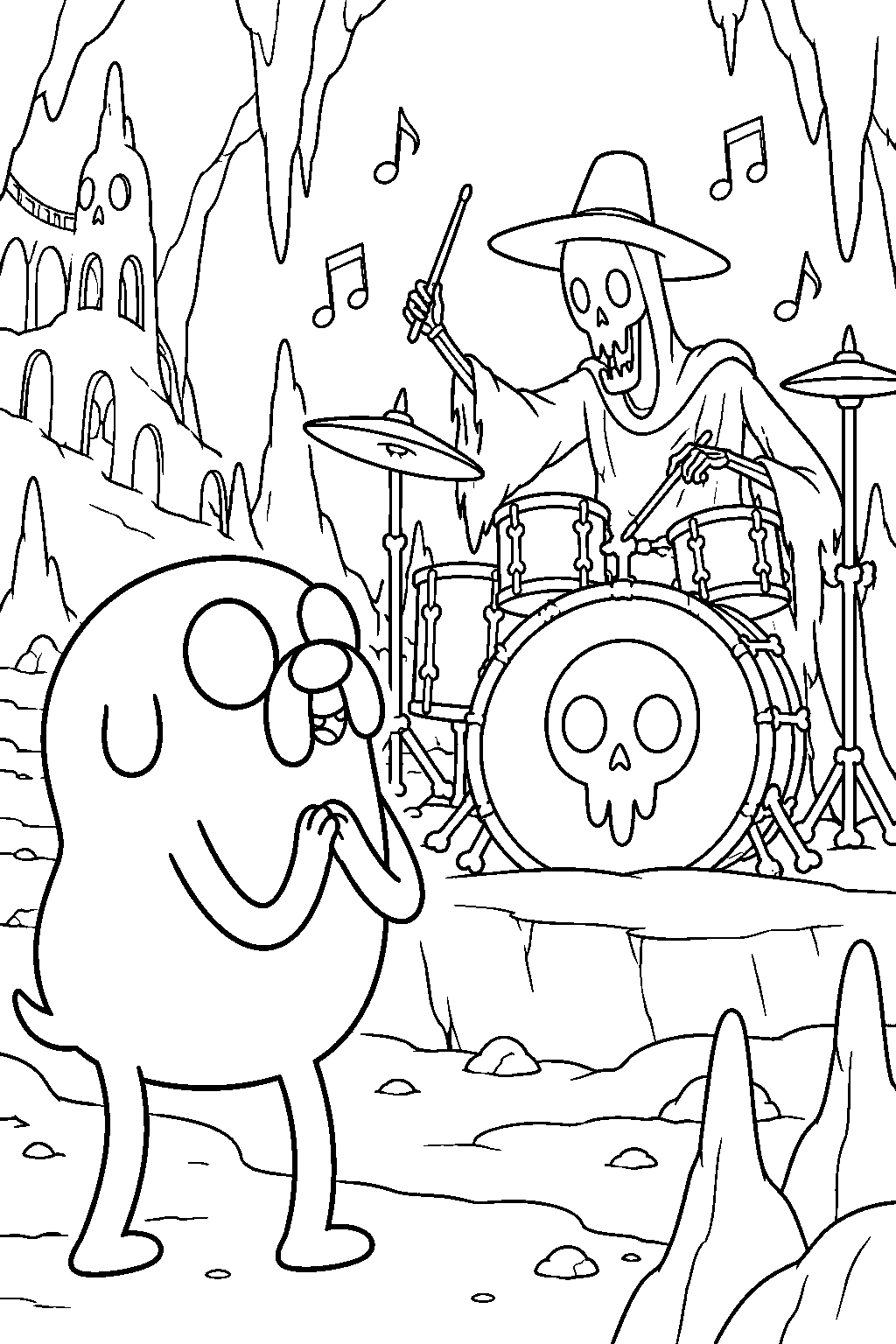 adventure time jake the dog watching death play drums in the land of the dead line art