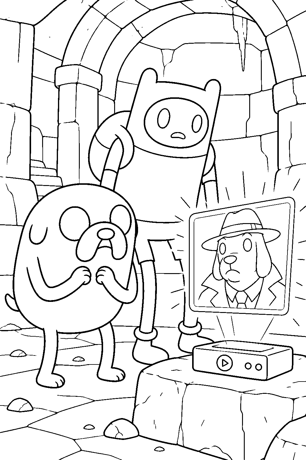 adventure time jake the dog watching joshua s recorded message inside dad s dungeon line art