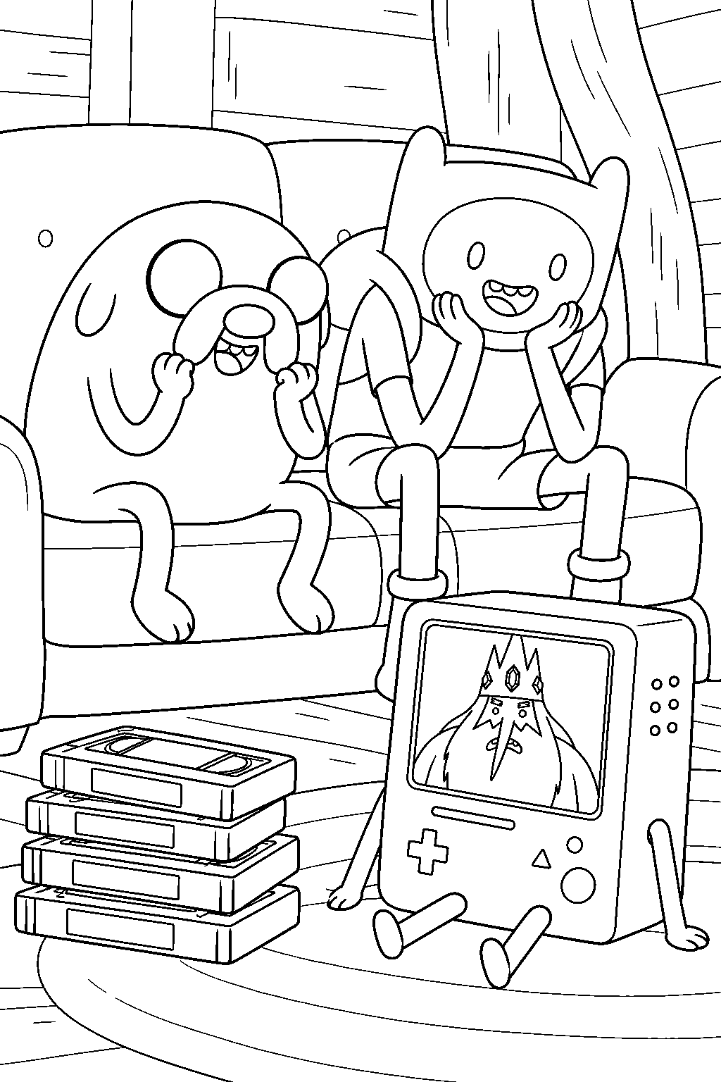 adventure time jake the dog watching the ice king s video diaries with finn and bmo line art