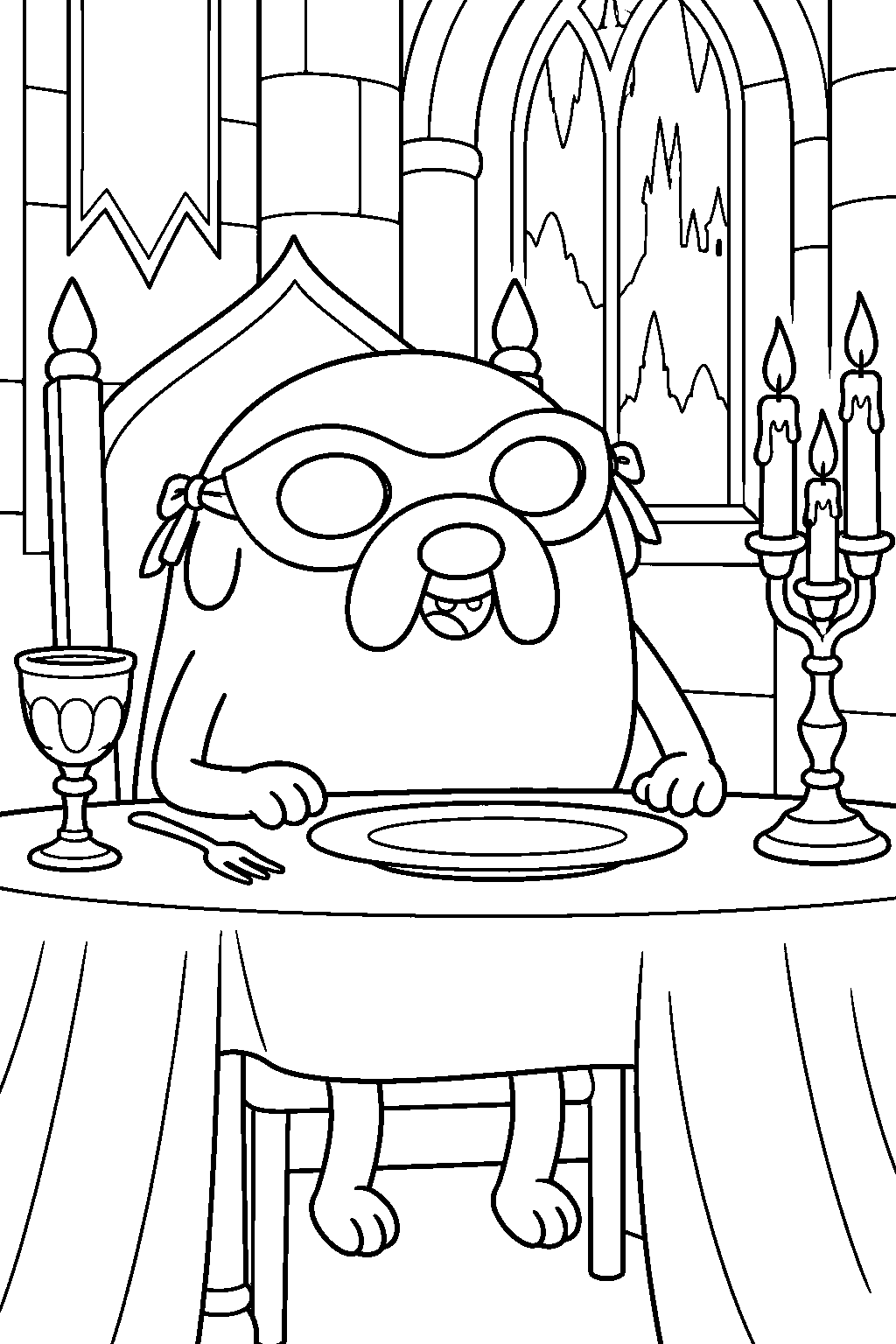 adventure time jake the dog wearing a masquerade eye mask at the creepy castle dinner line art