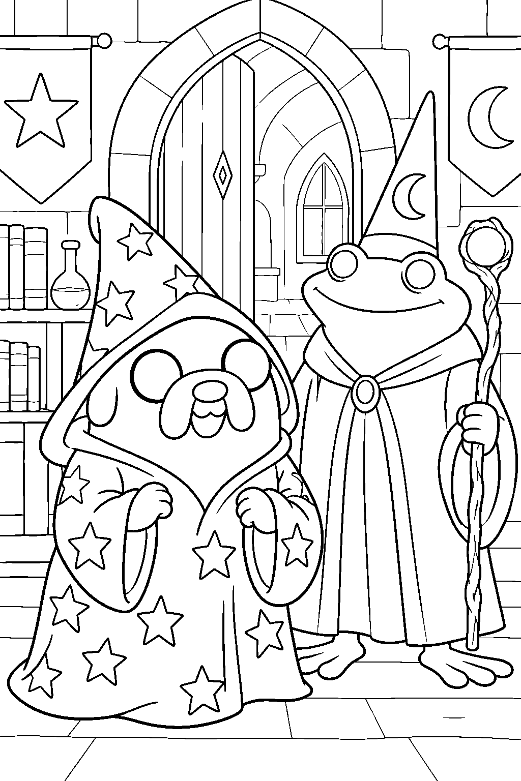adventure time jake the dog wearing his star covered wizard robe at bufo s magic school line art