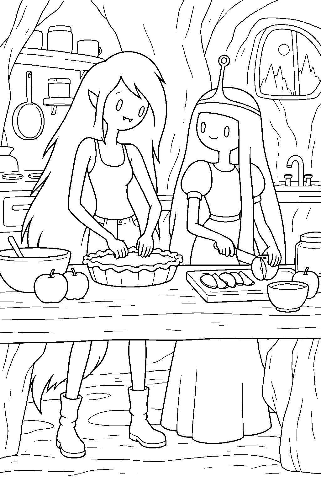 adventure time marceline baking an apple pie with princess bubblegum in their cave house kitchen line art