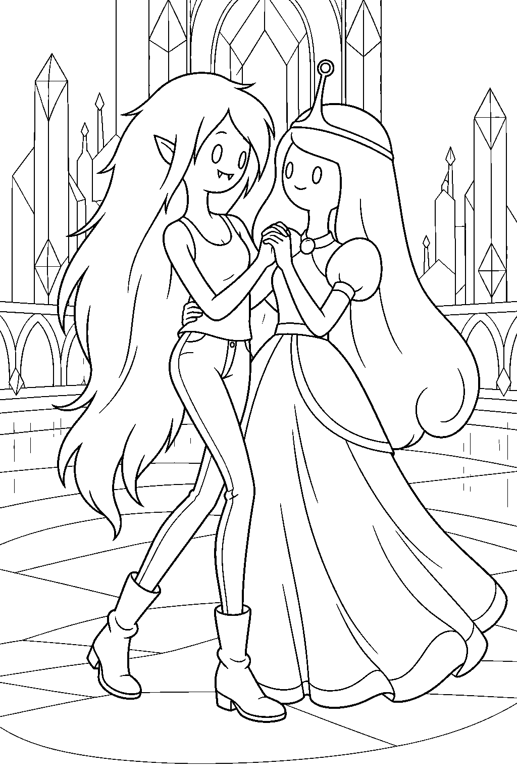 adventure time marceline dancing with princess bubblegum at the glass kingdom celebration line art
