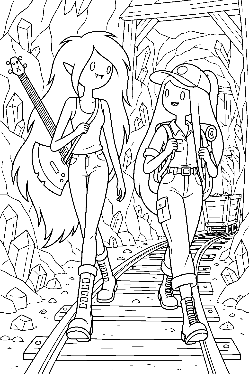adventure time marceline exploring the abandoned rock candy mines with princess bubblegum line art