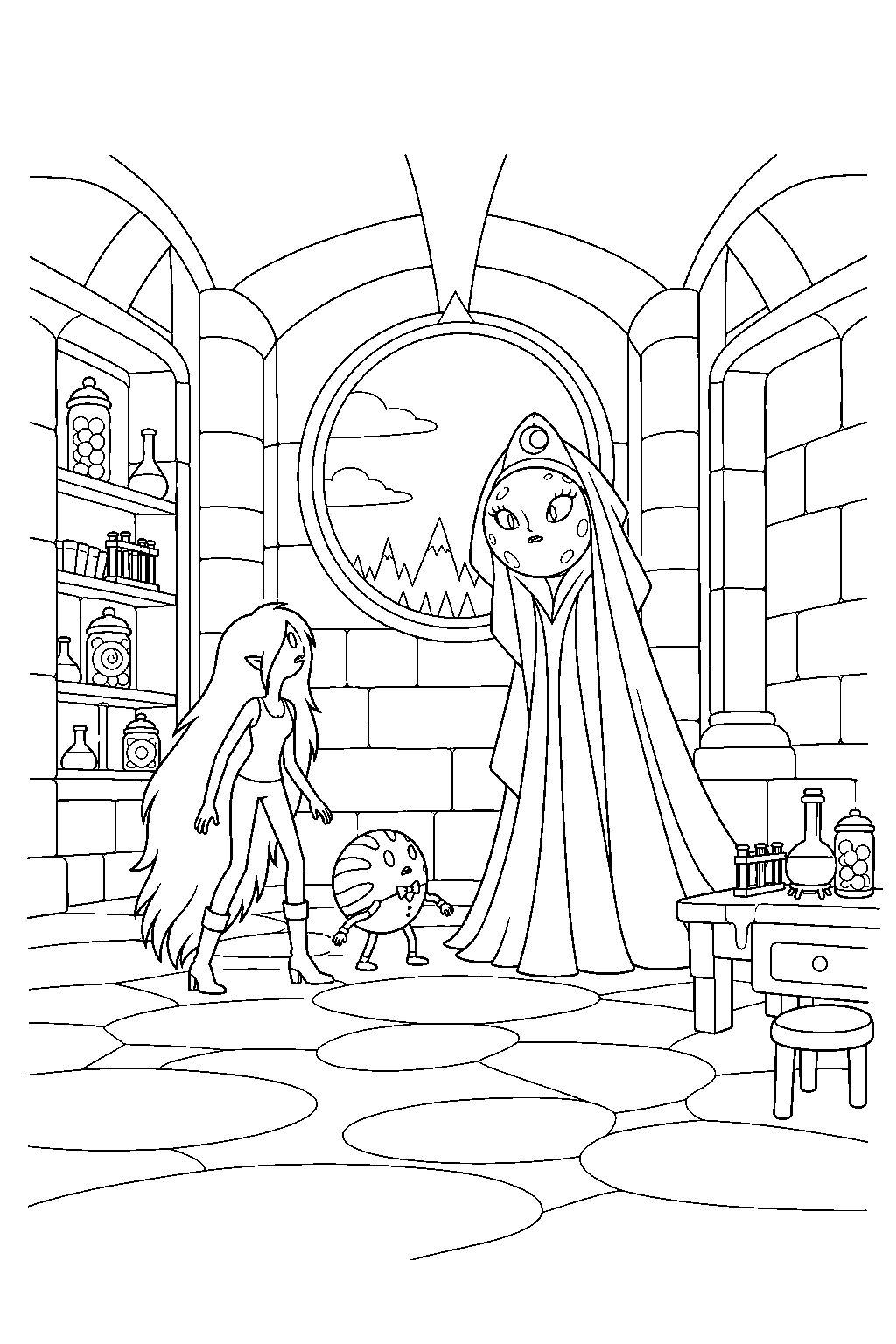 adventure time marceline facing the moon beside peppermint butler in his laboratory line art