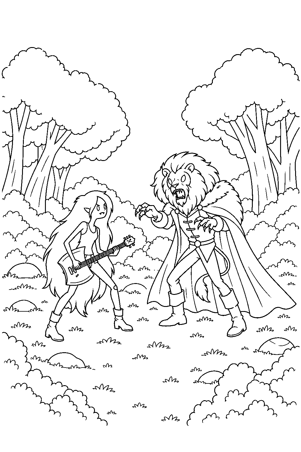 adventure time marceline facing the vampire king in a forest clearing line art