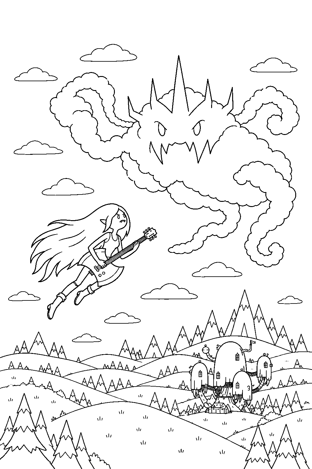 adventure time marceline flying toward the vampire king s dark cloud above ooo line art