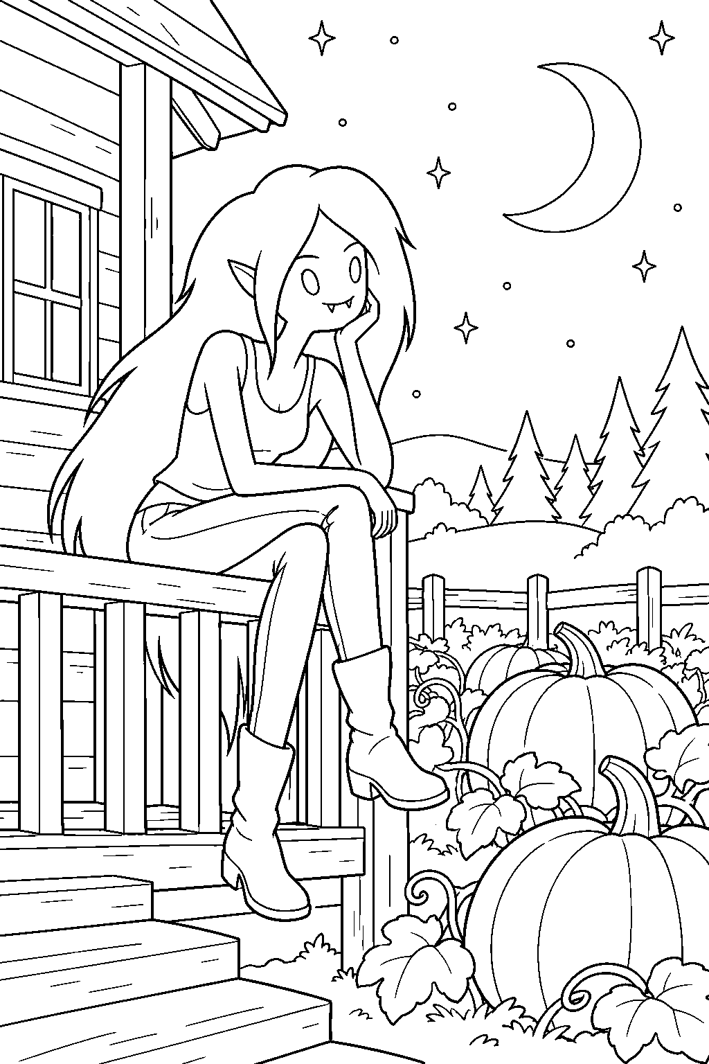 adventure time marceline guarding princess bubblegum s pumpkin patch beside her cabin line art