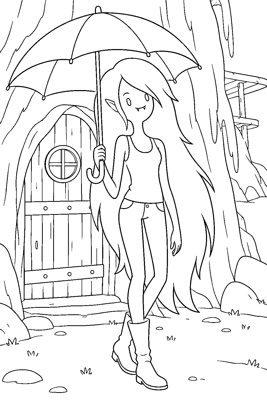 adventure time marceline holding an umbrella outside her cave house line art