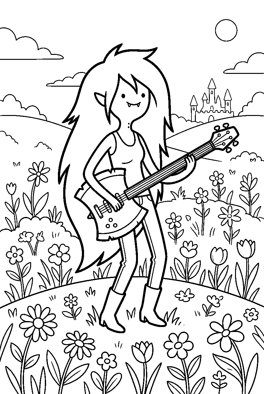 adventure time marceline in flower meadow line art