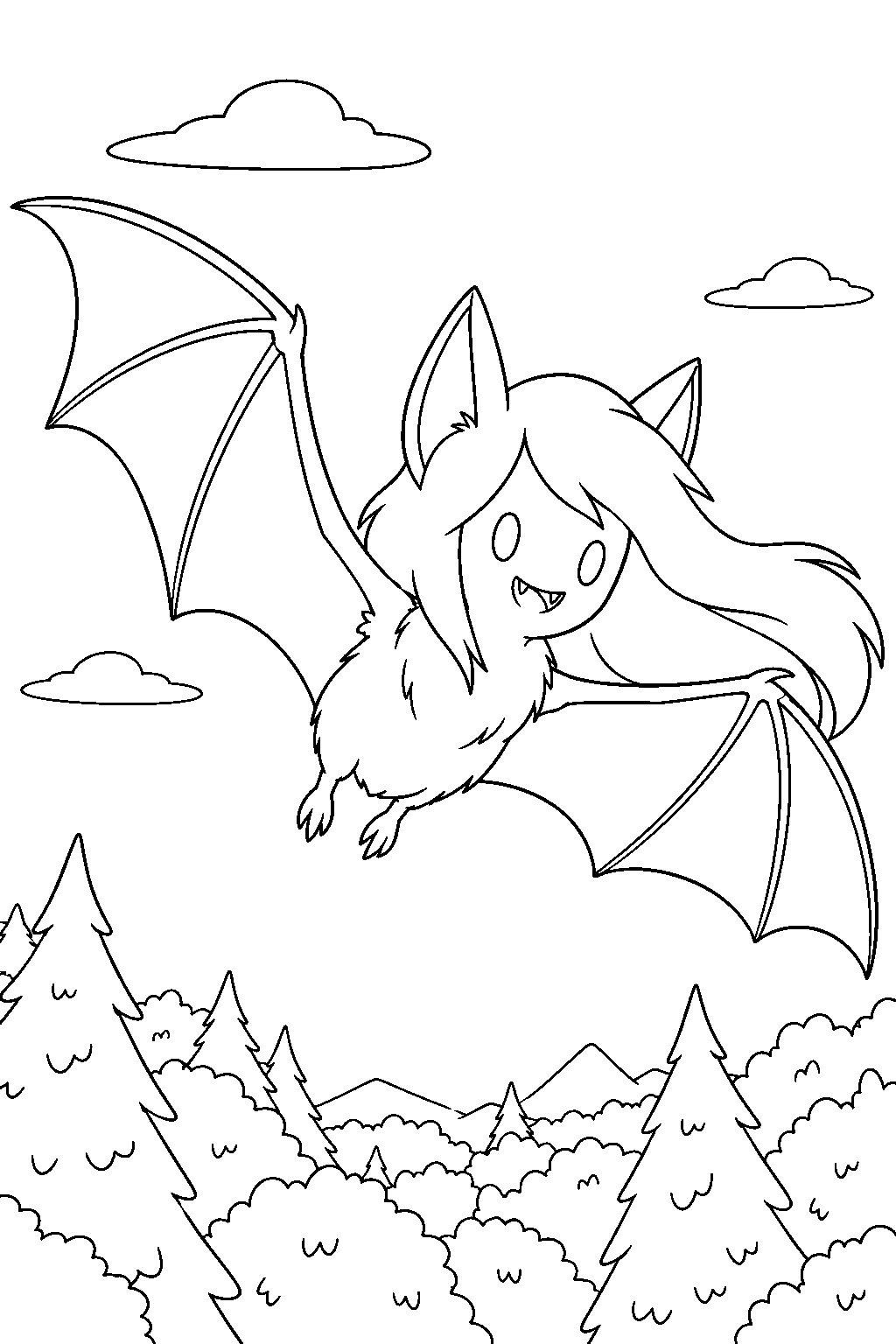 adventure time marceline in her bat form flying above the forest line art