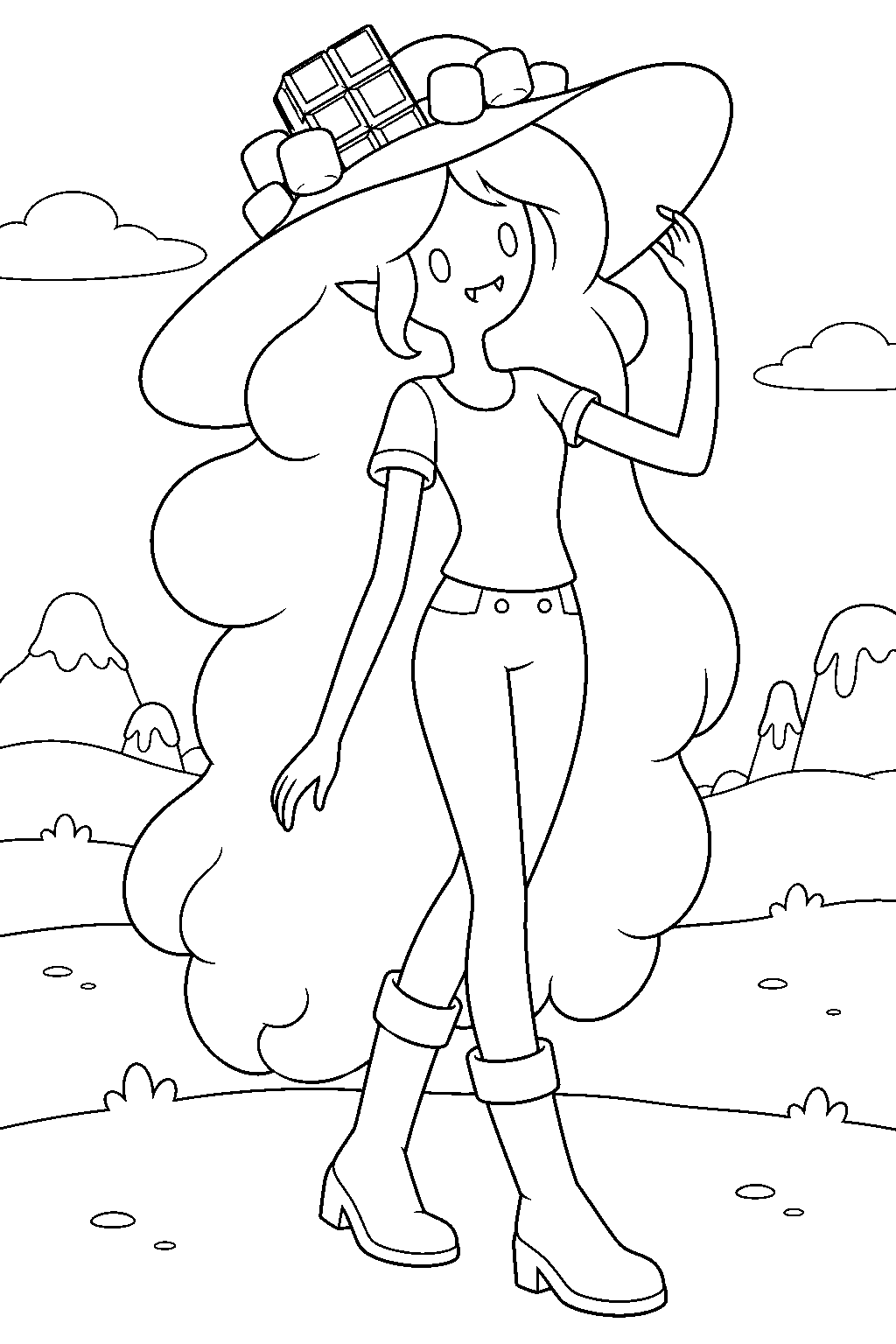 adventure time marceline in her marshmallow form wearing her chocolate decorated sunhat line art