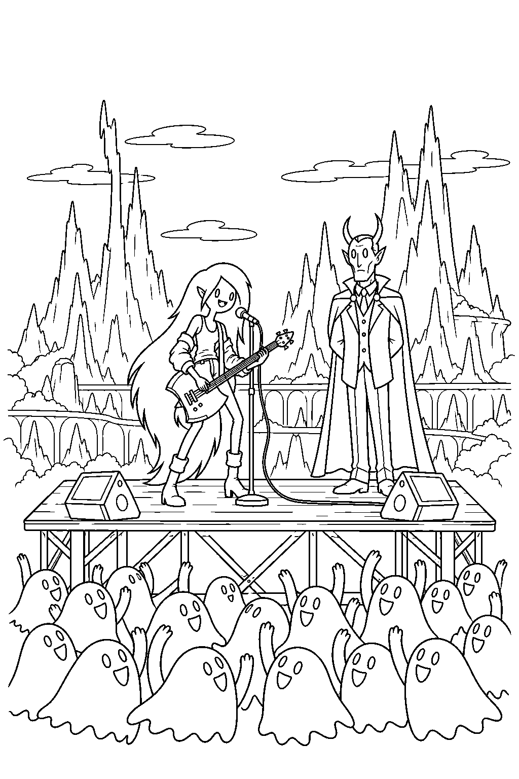 adventure time marceline performing a concert for a crowd of ghosts with hunson abadeer watching line art