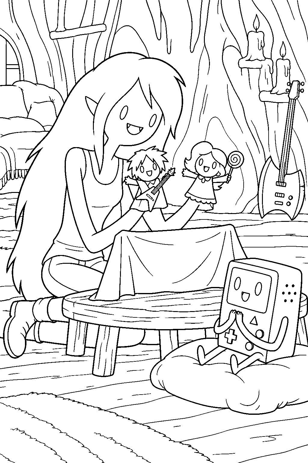 adventure time marceline performing a puppet show for bmo in her cave house line art