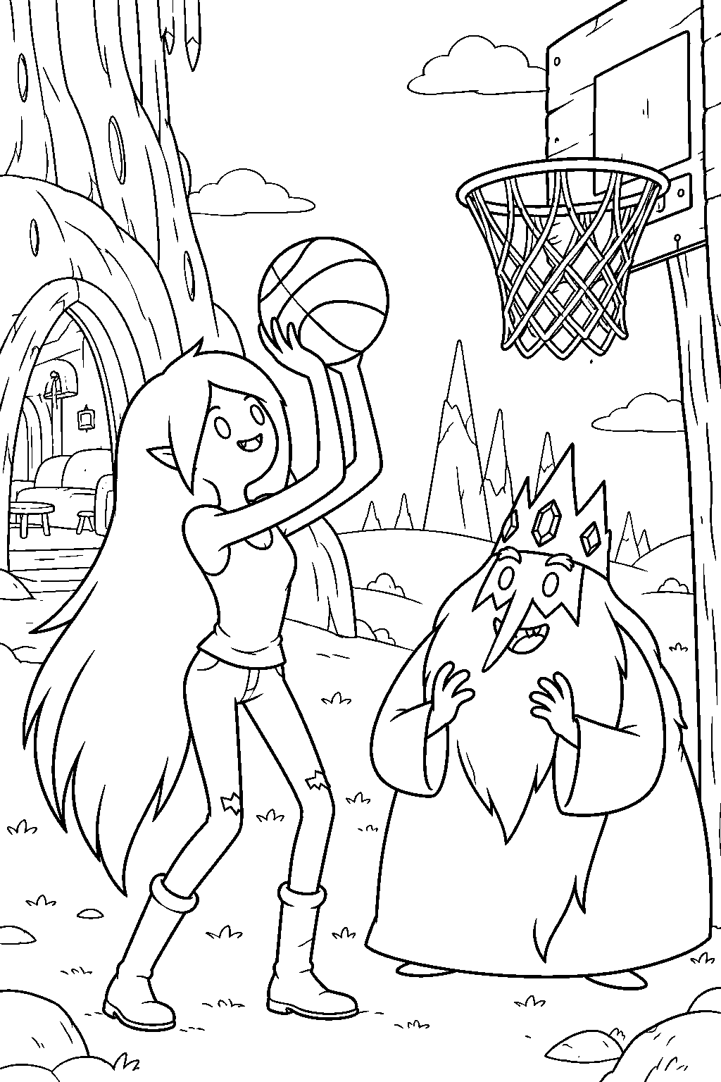 adventure time marceline playing basketball with ice king outside her cave house line art