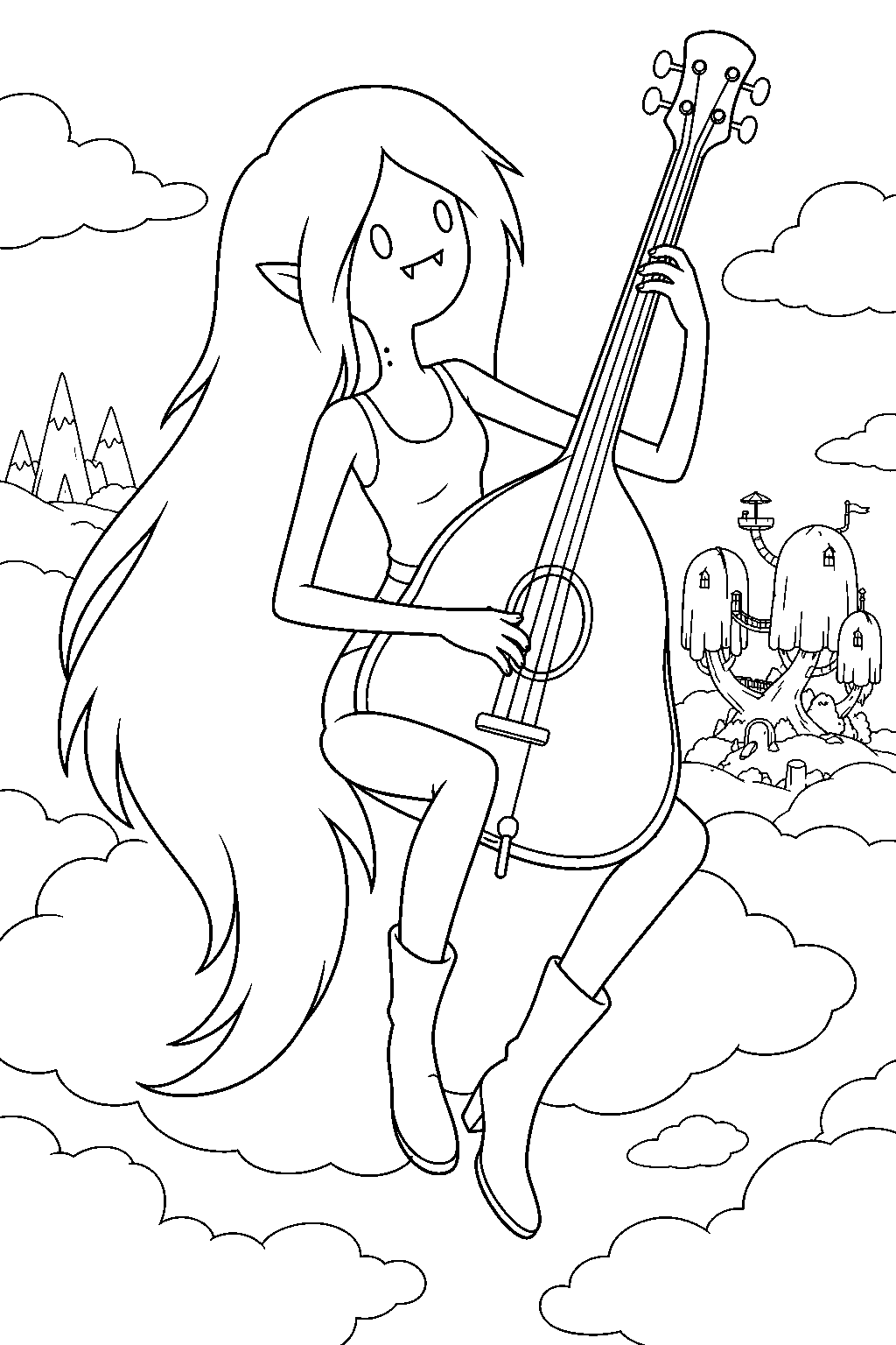 adventure time marceline playing her acoustic bass among the clouds above ooo line art