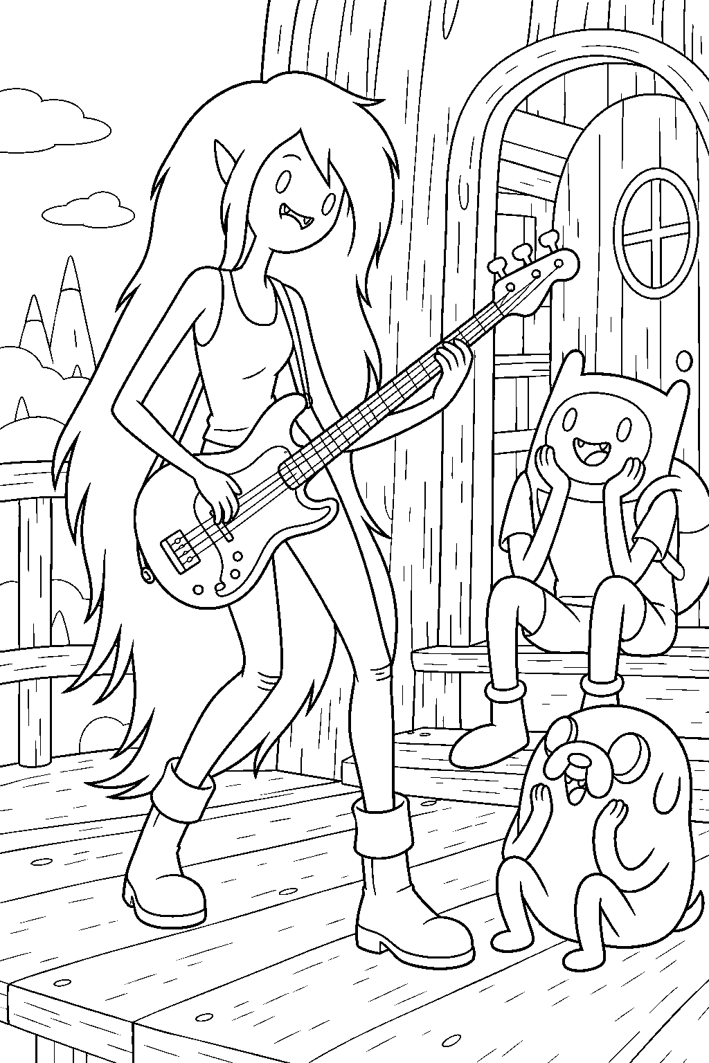 adventure time marceline playing her electric bass for finn and jake at their tree house line art