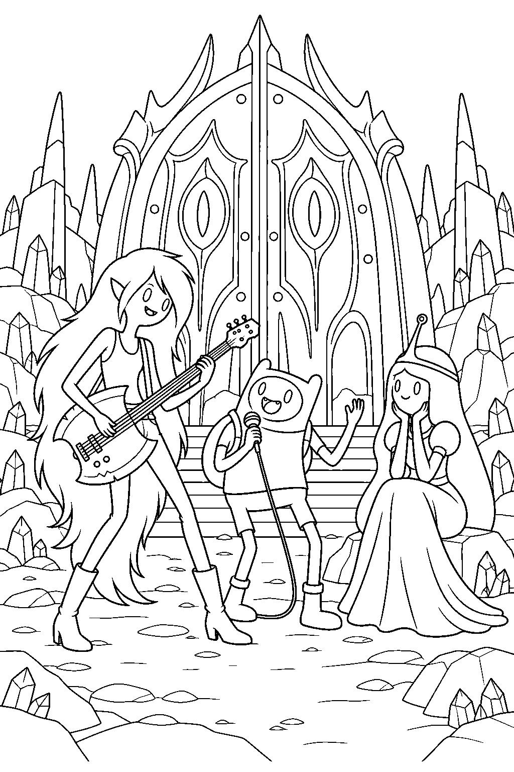 adventure time marceline playing music with finn and princess bubblegum at the door lord s gate line art