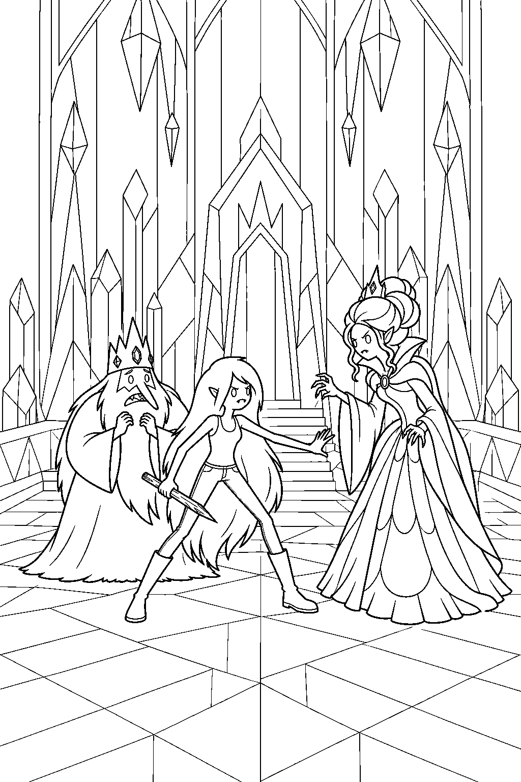 adventure time marceline protecting ice king from the empress inside the ice castle line art