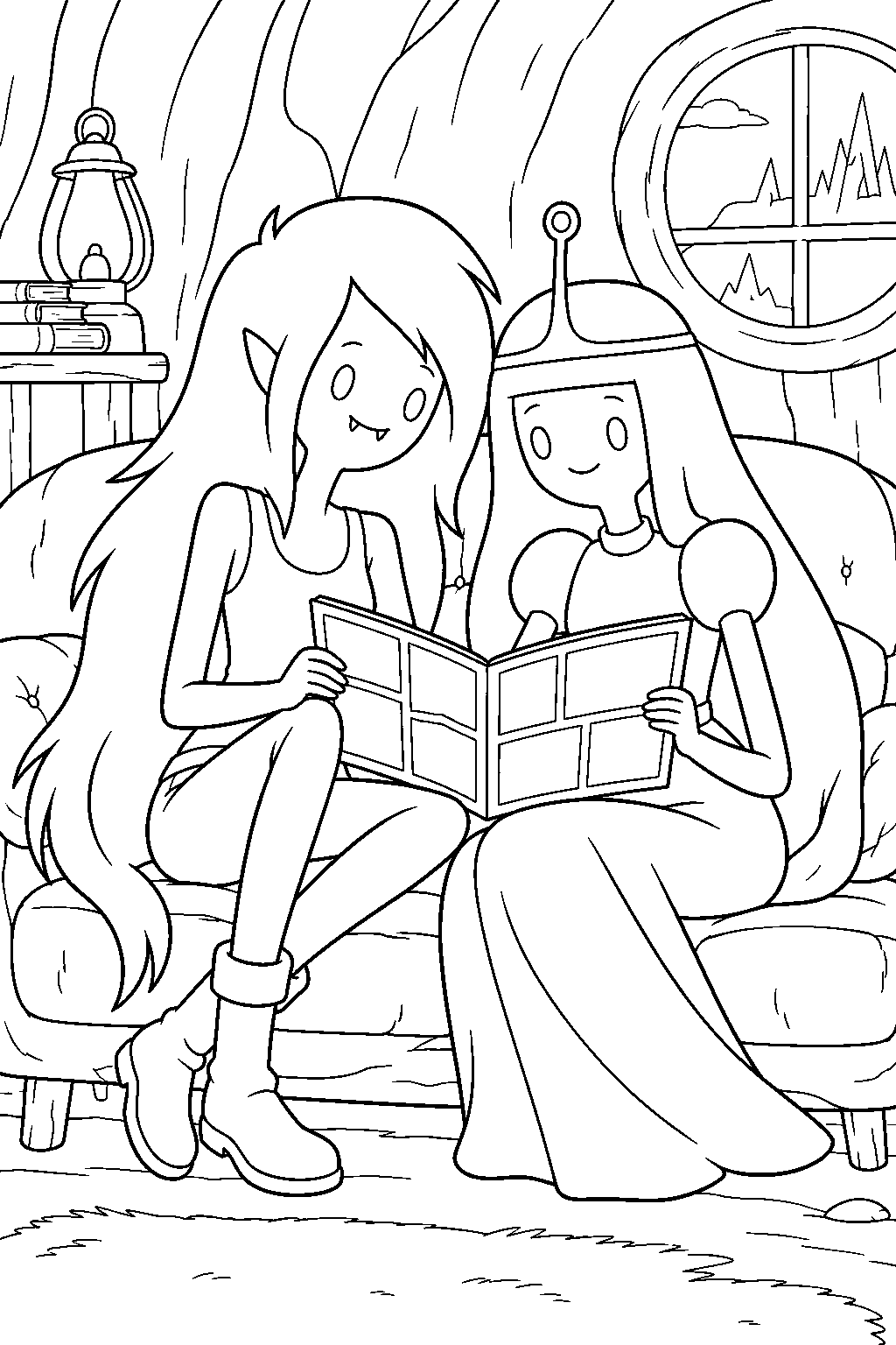 adventure time marceline reading a comic with princess bubblegum on their cave house sofa line art