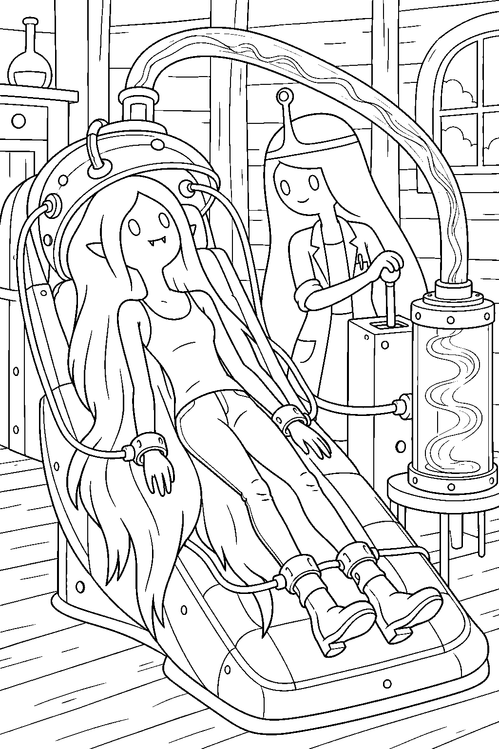 adventure time marceline resting in princess bubblegum s machine as her vampire essence is removed line art