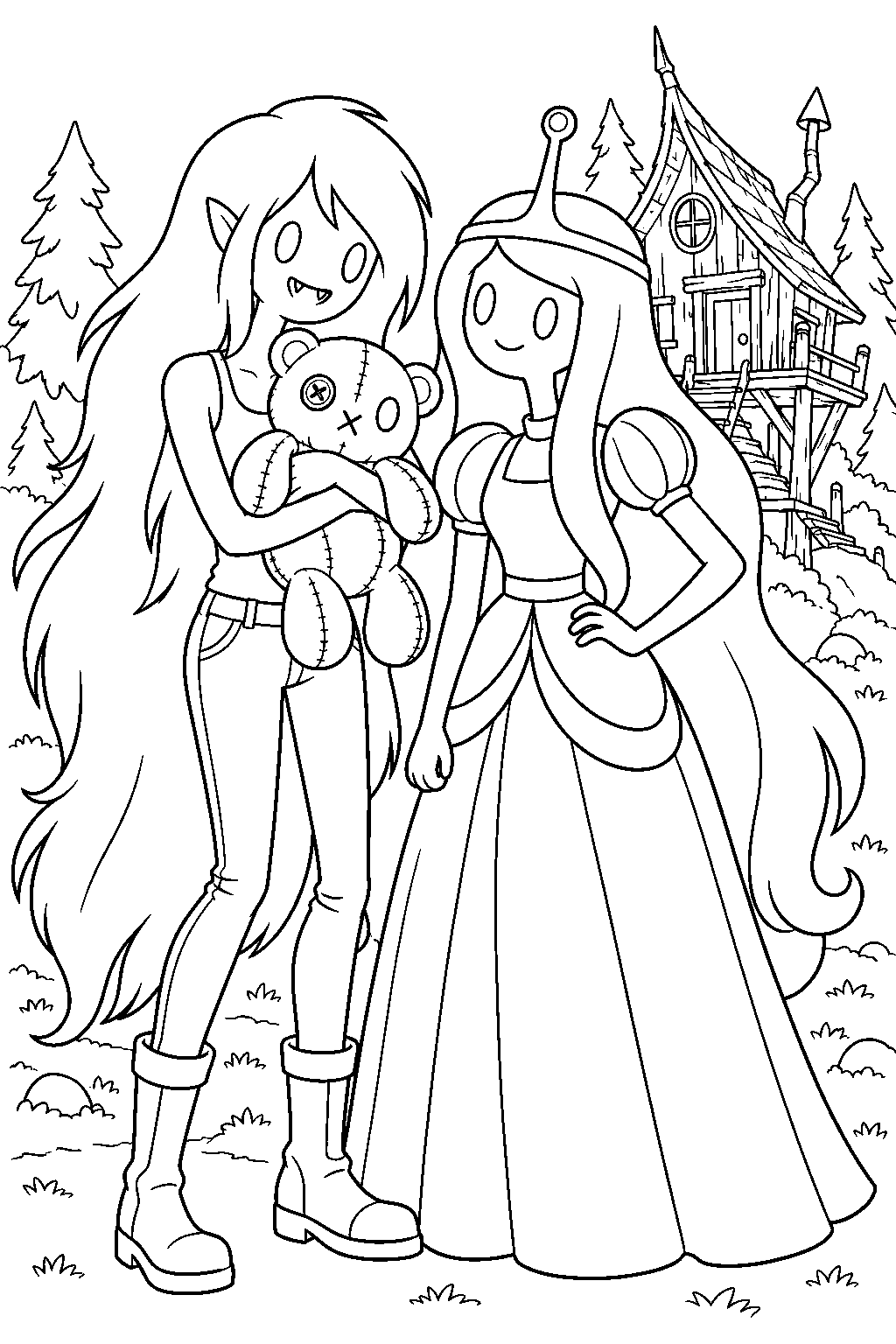 adventure time marceline reunited with hambo beside princess bubblegum at the sky witch s house line art