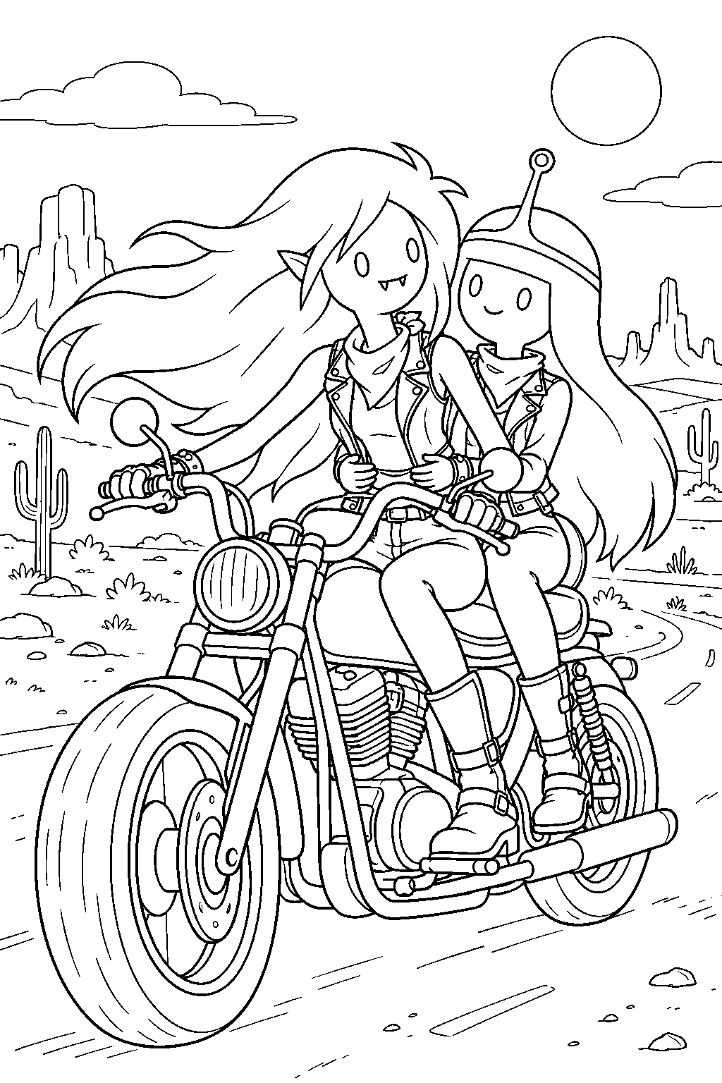 adventure time marceline riding a motorcycle with princess bubblegum across the desert line art