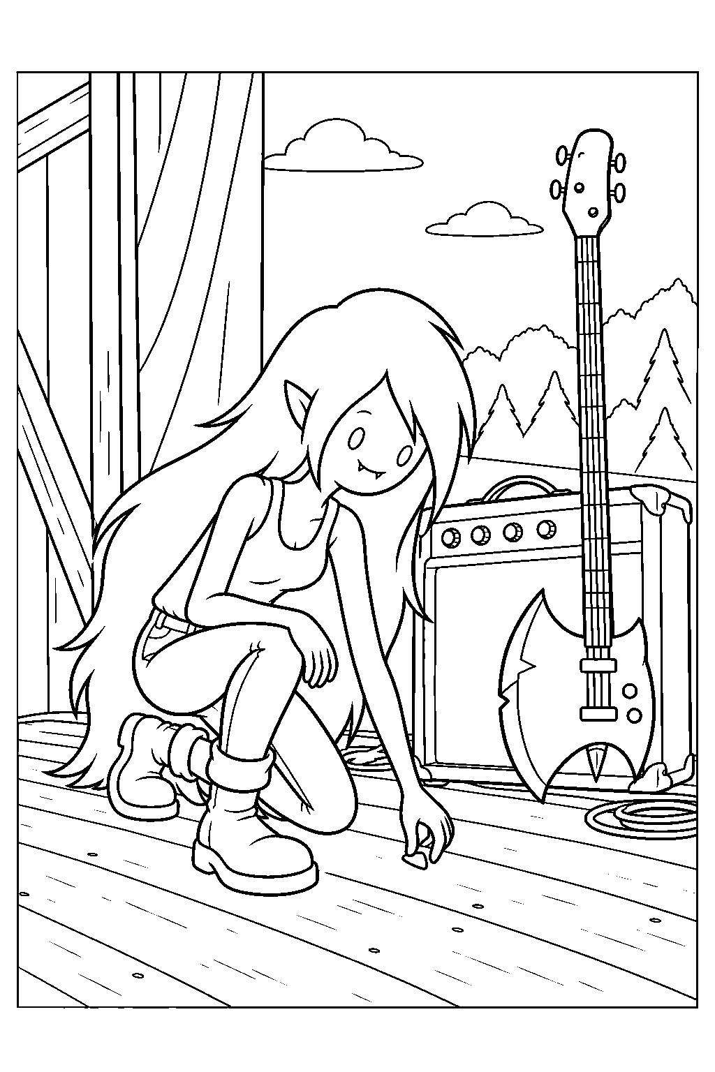 adventure time marceline searching for her guitar pick beside a stage amplifier line art