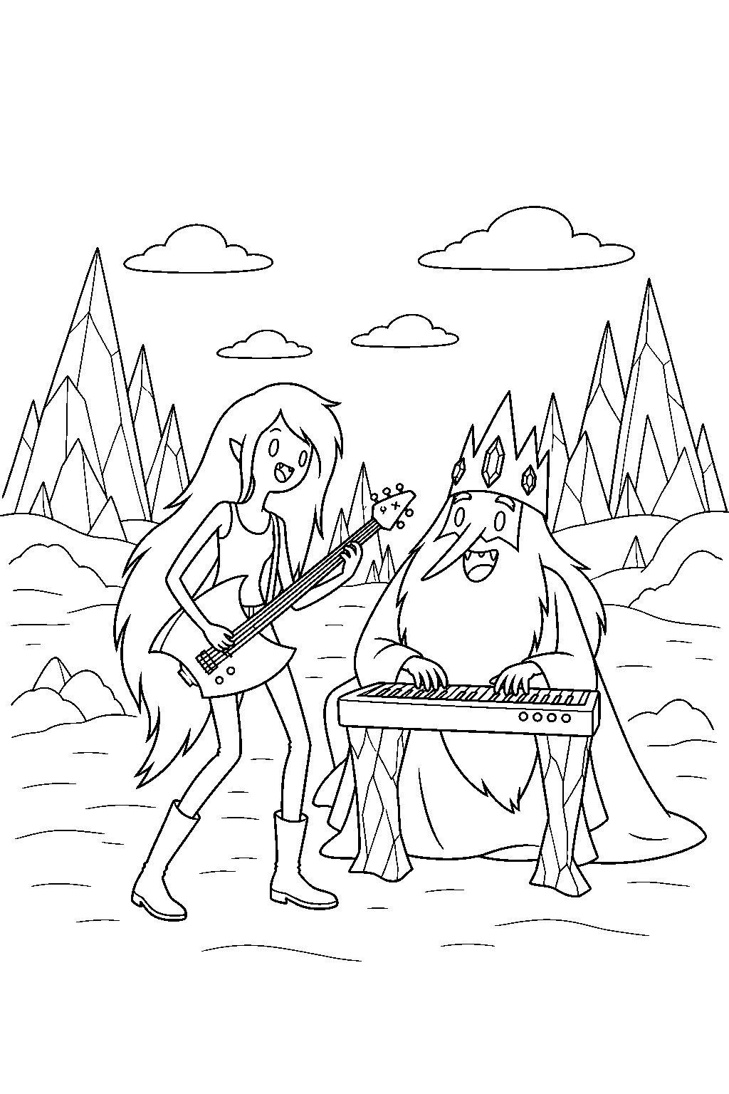 adventure time marceline singing a duet with ice king beside his keyboard line art