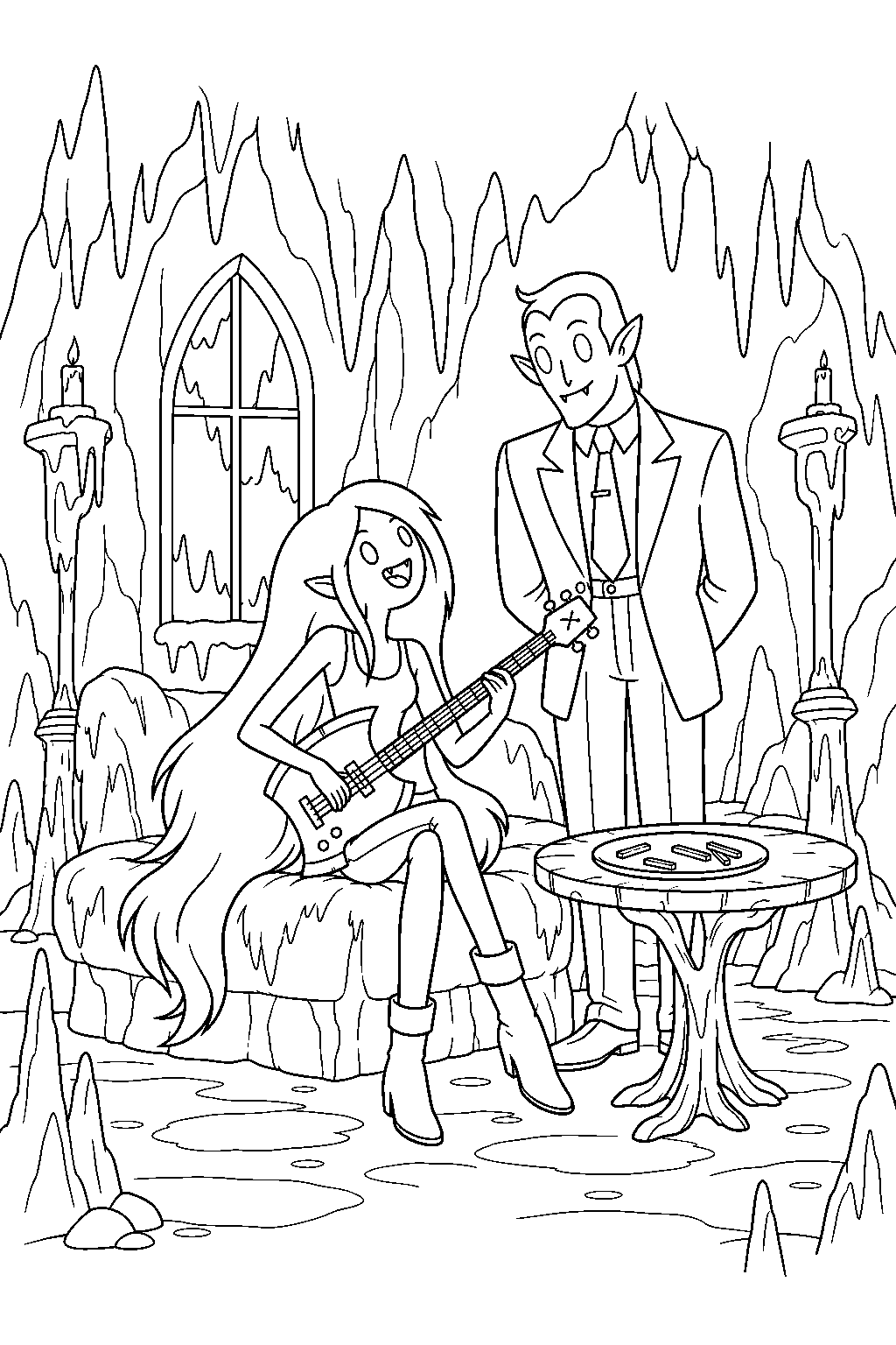adventure time marceline singing the fry song to hunson abadeer in her cave house line art