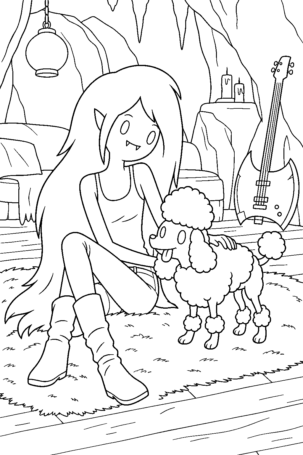 adventure time marceline sitting beside her zombie poodle schwabl in her cave house line art