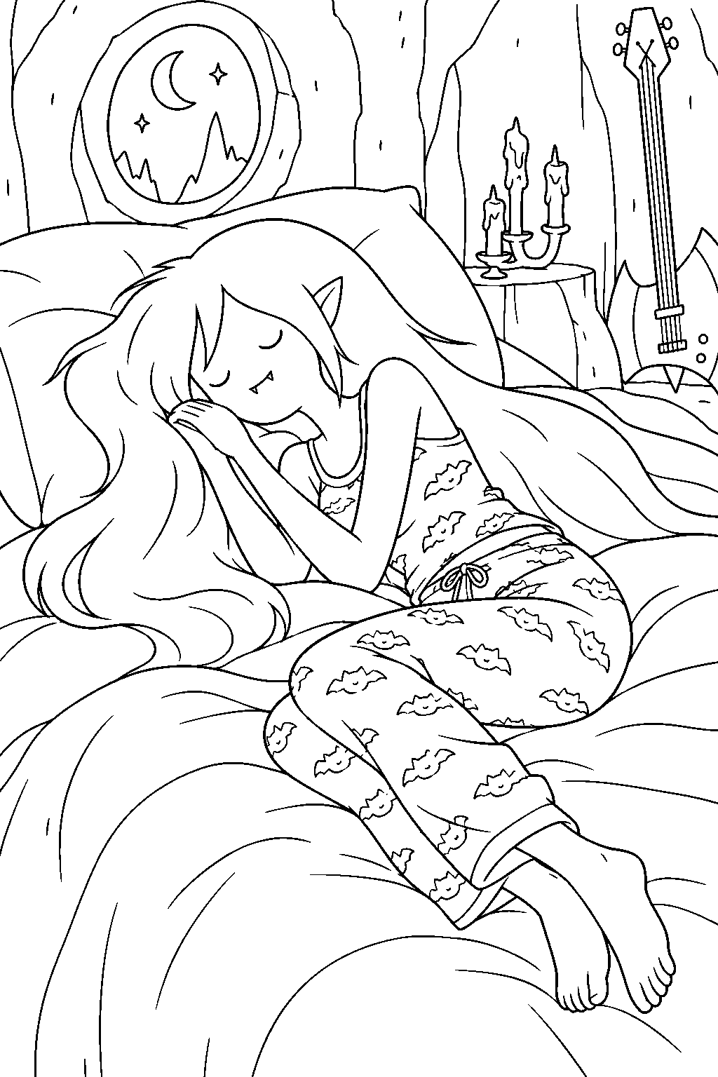 adventure time marceline sleeping in her cave house bedroom line art