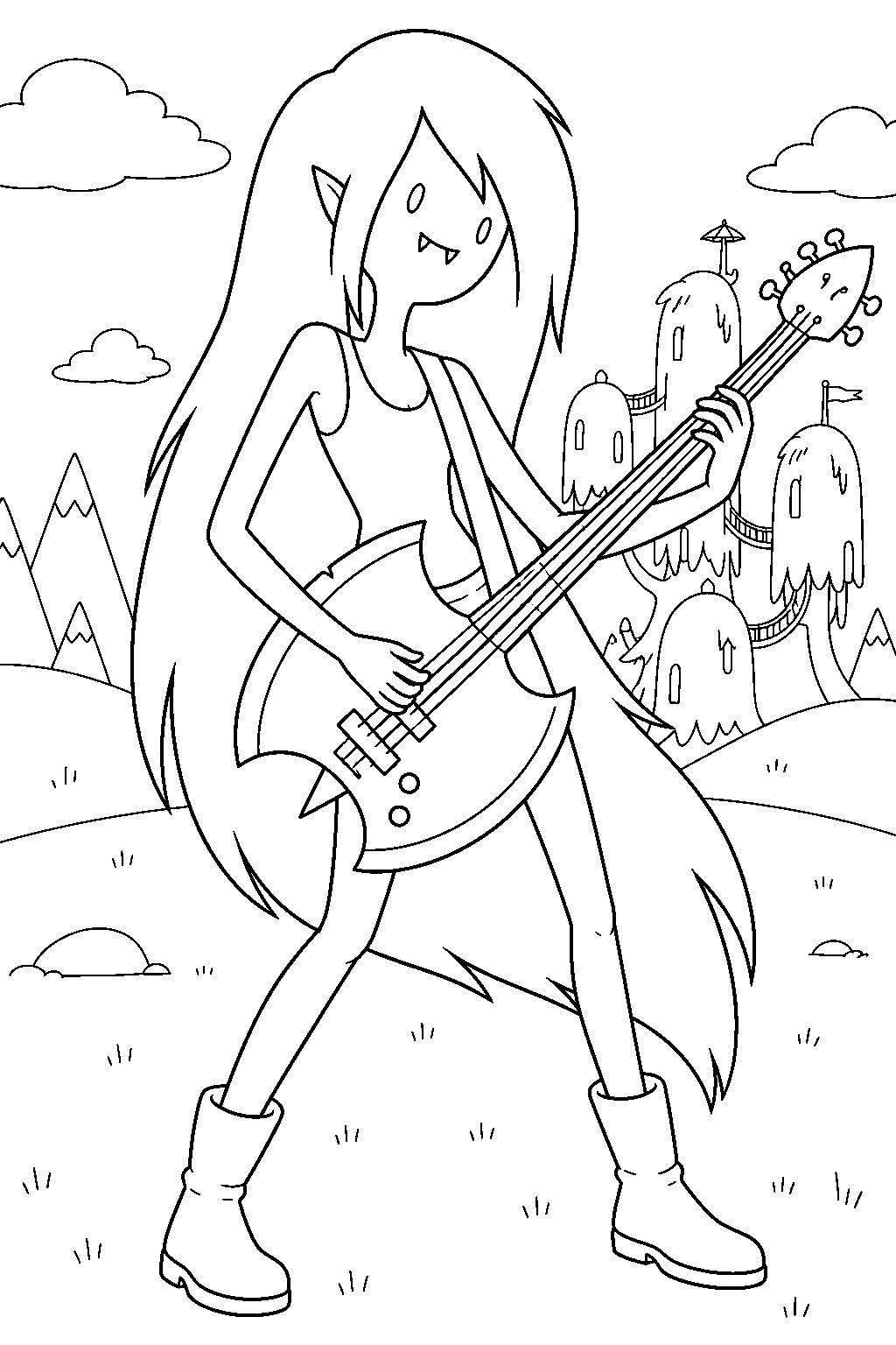 adventure time marceline the vampire queen playing her axe bass guitar line art
