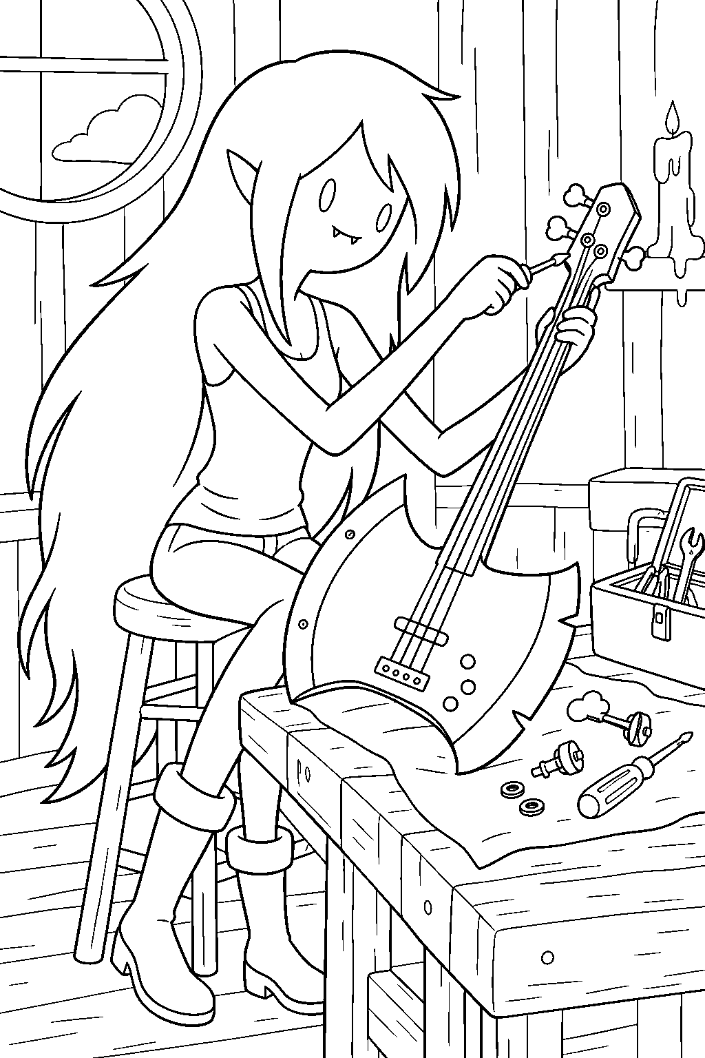 adventure time marceline turning her family battle axe into a bass guitar line art