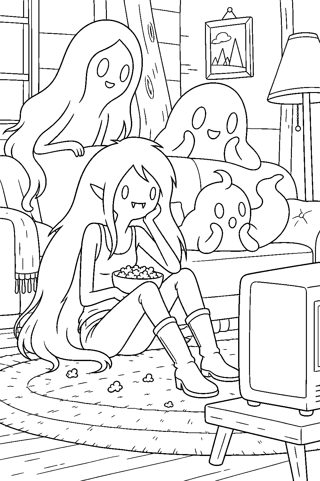adventure time marceline watching a movie with her ghost friends in her living room line art