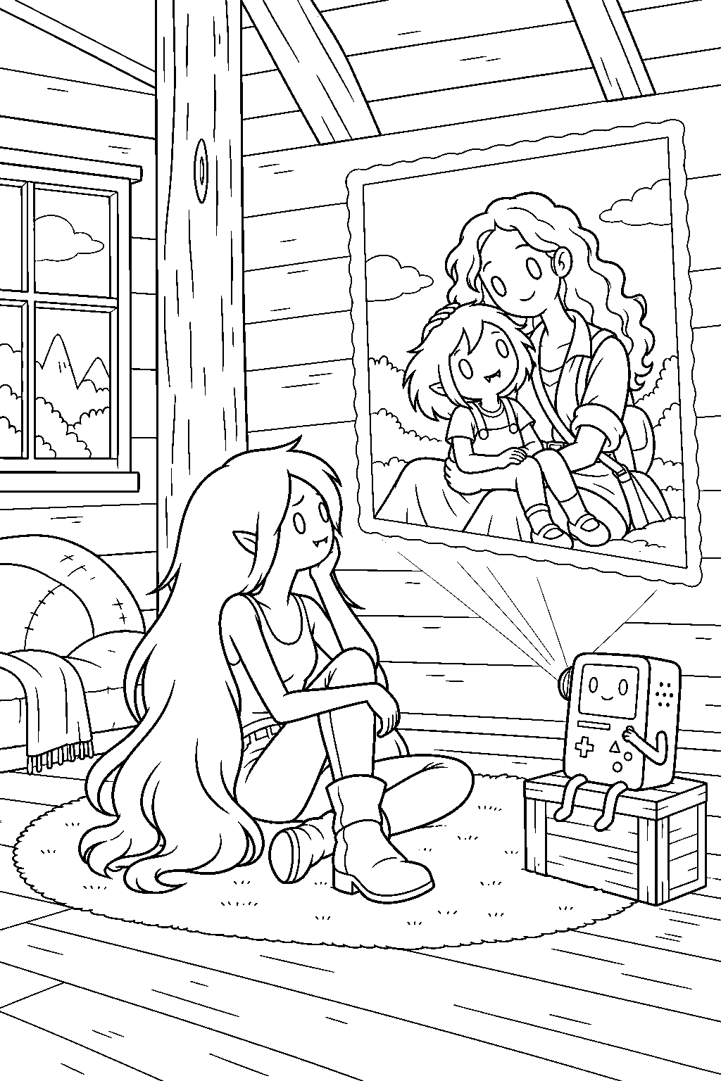 adventure time marceline watching bmo project an old photograph of her and her mother line art