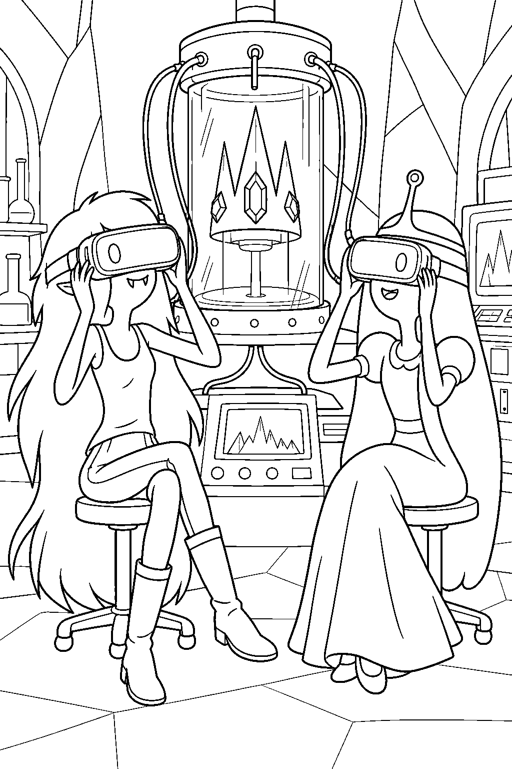 adventure time marceline wearing a virtual reality headset beside princess bubblegum to explore ice king s crown line art
