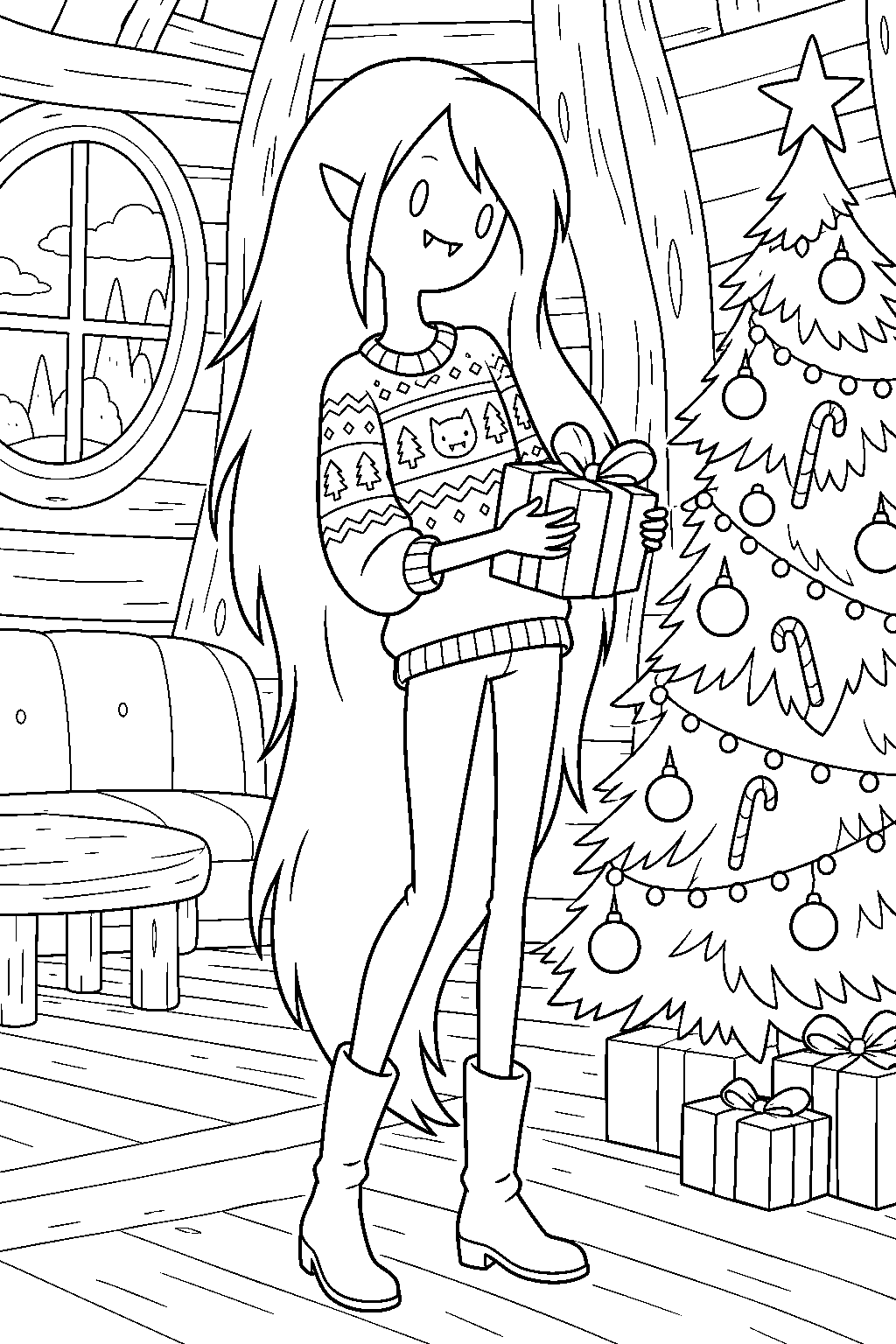 adventure time marceline wearing her christmas sweater at the tree house holiday party line art