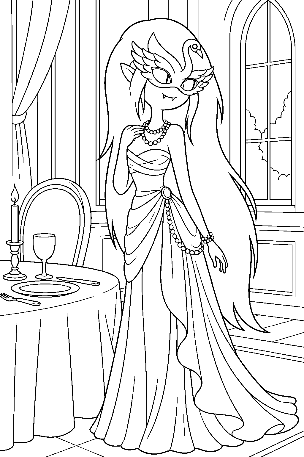adventure time marceline wearing her masquerade gown and swan mask at the mansion dinner party line art