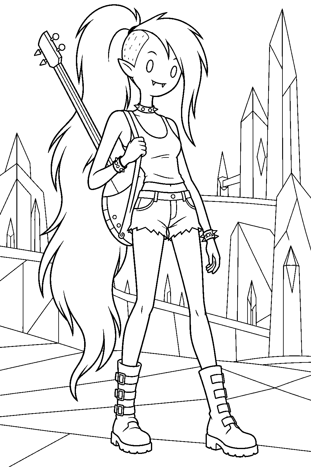 adventure time marceline wearing her punk outfit and shaved side hairstyle in the glass kingdom line art