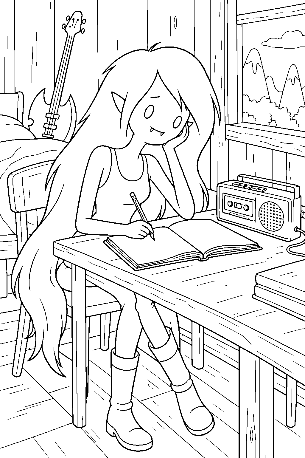 adventure time marceline writing a song in her journal beside a tape recorder line art