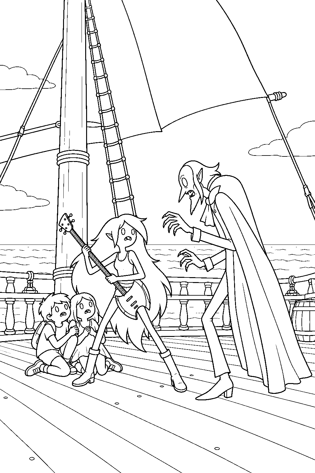 adventure time teenage marceline protecting the human survivors from the hierophant aboard their ship line art