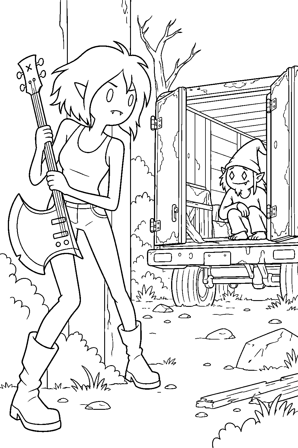 adventure time teenage marceline tracking the fool to an abandoned truck line art