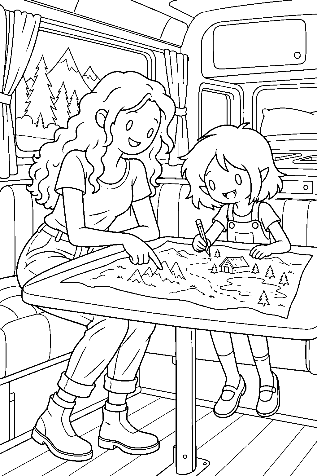 adventure time young marceline drawing a map with her mother elise inside their rv line art