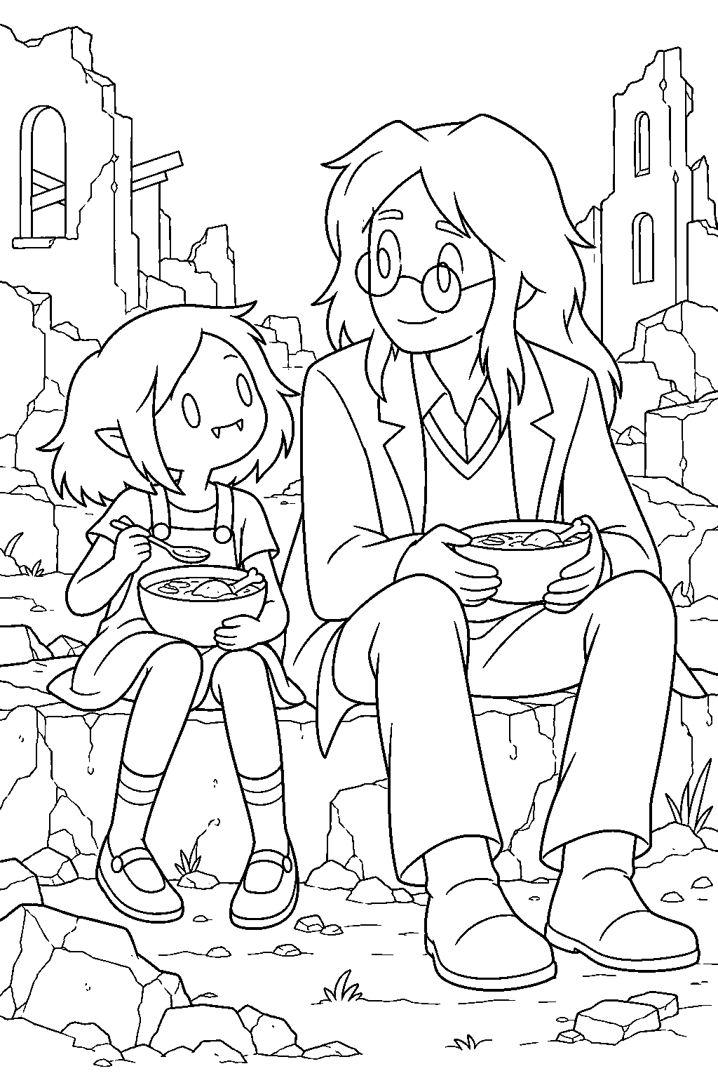 adventure time young marceline eating chicken soup beside simon petrikov in a ruined city line art