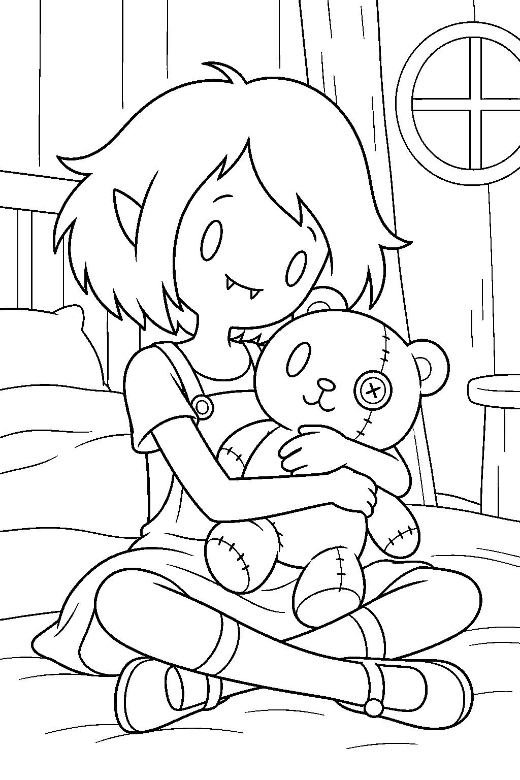 adventure time young marceline hugging her stuffed bear hambo line art
