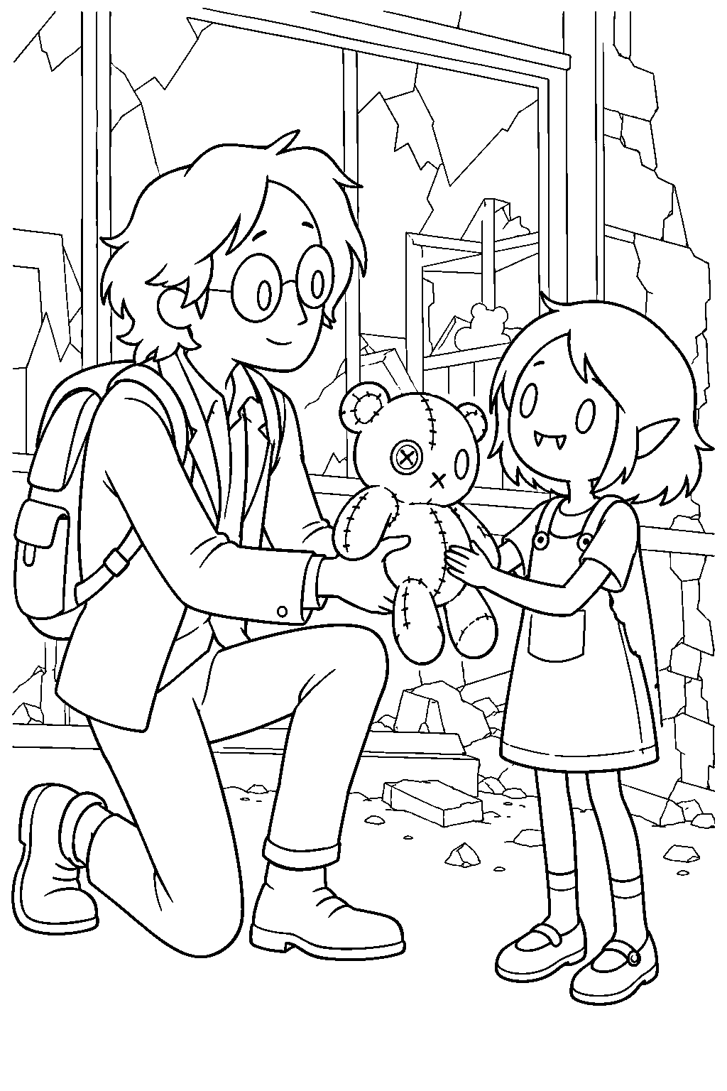 adventure time young marceline receiving hambo from simon petrikov outside a ruined toy shop line art