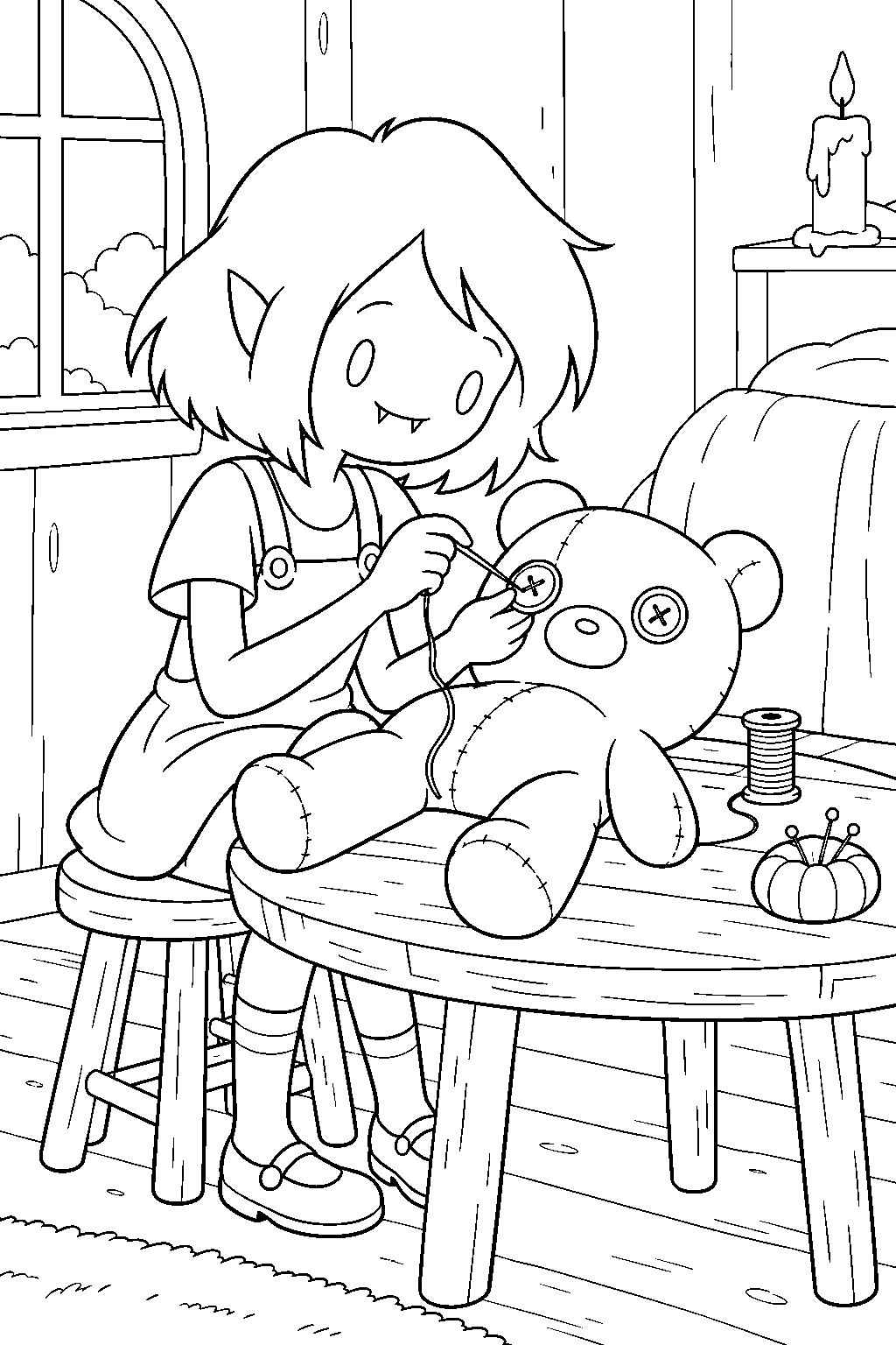 adventure time young marceline sewing a button eye onto hambo line art